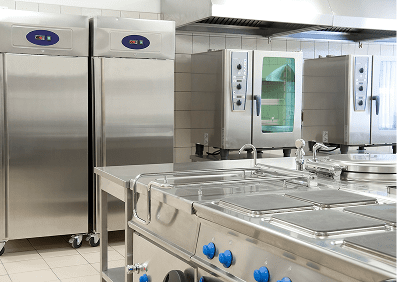 Commercial kitchen with stainless steel appliances