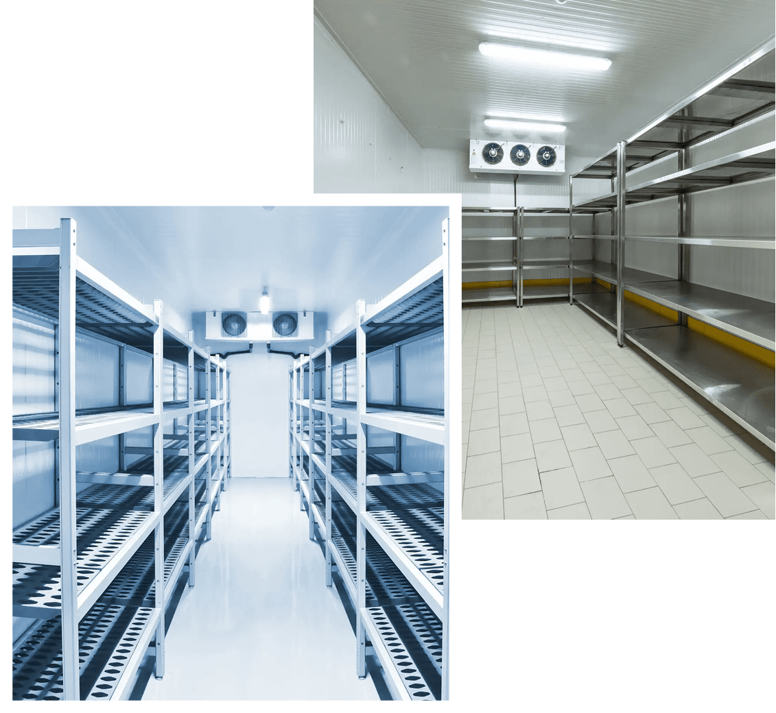 Empty industrial cold storage shelves