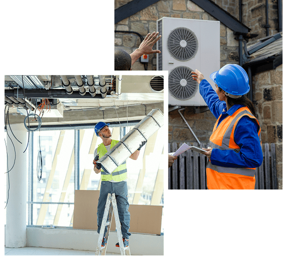 Workers installing air conditioning system