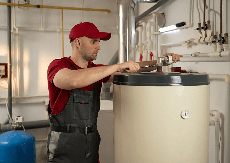 Technician adjusting water heater valve