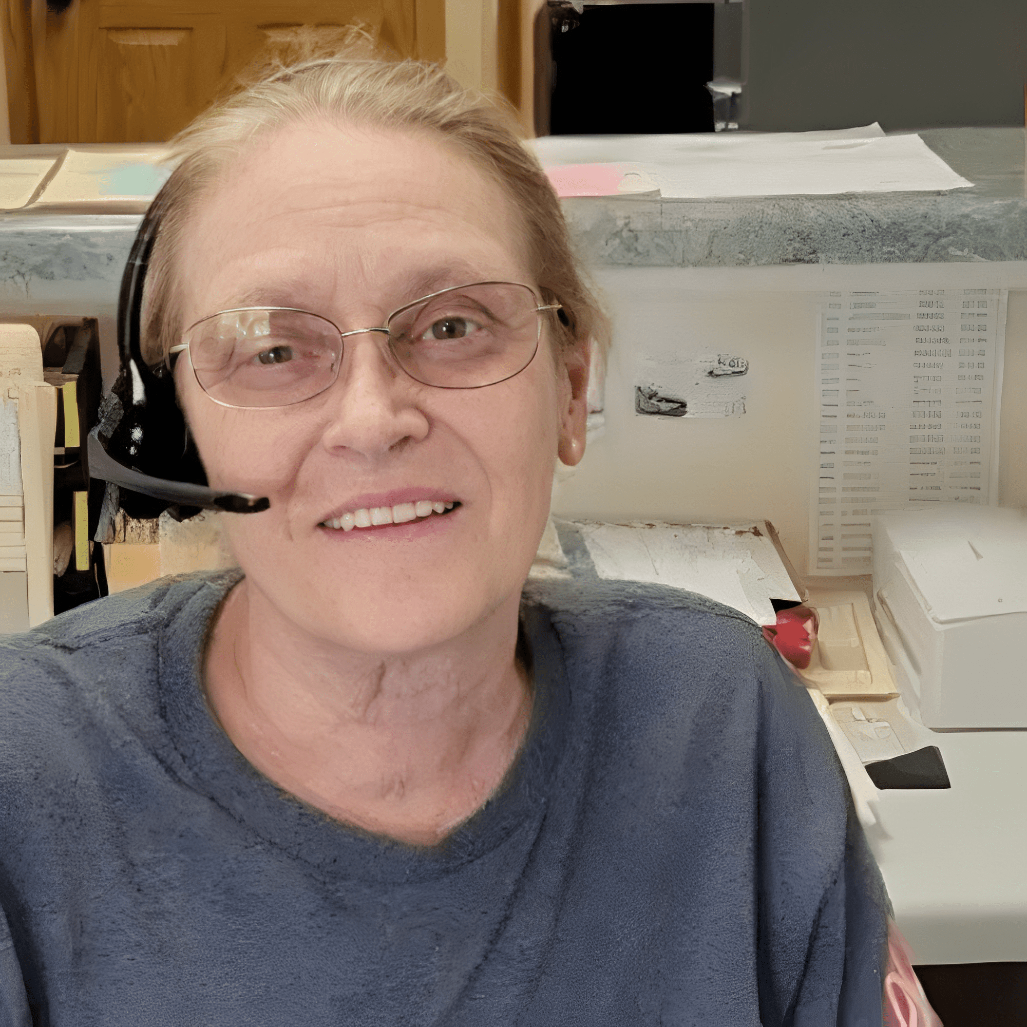 Woman with headset at office desk.